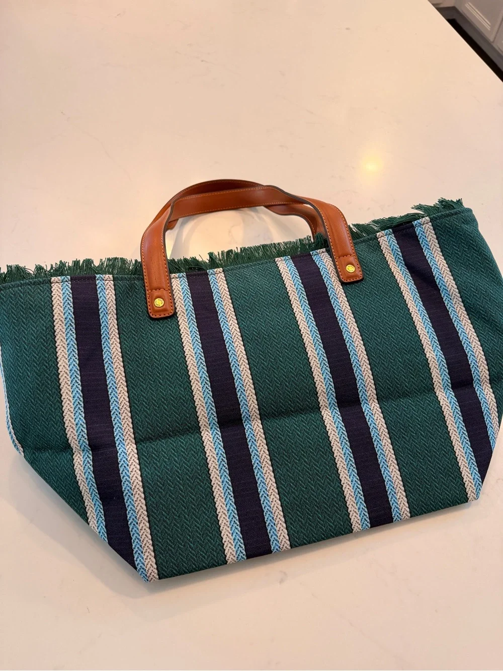 Gucci Teal & Navy Striped Canvas Tote with Leather Handles - Picture 4 of 9